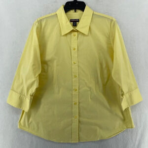 Kirkland Shirt Women's Sz XL Yellow Button-Up Collared 3/4 Sleeves Curved Hem
